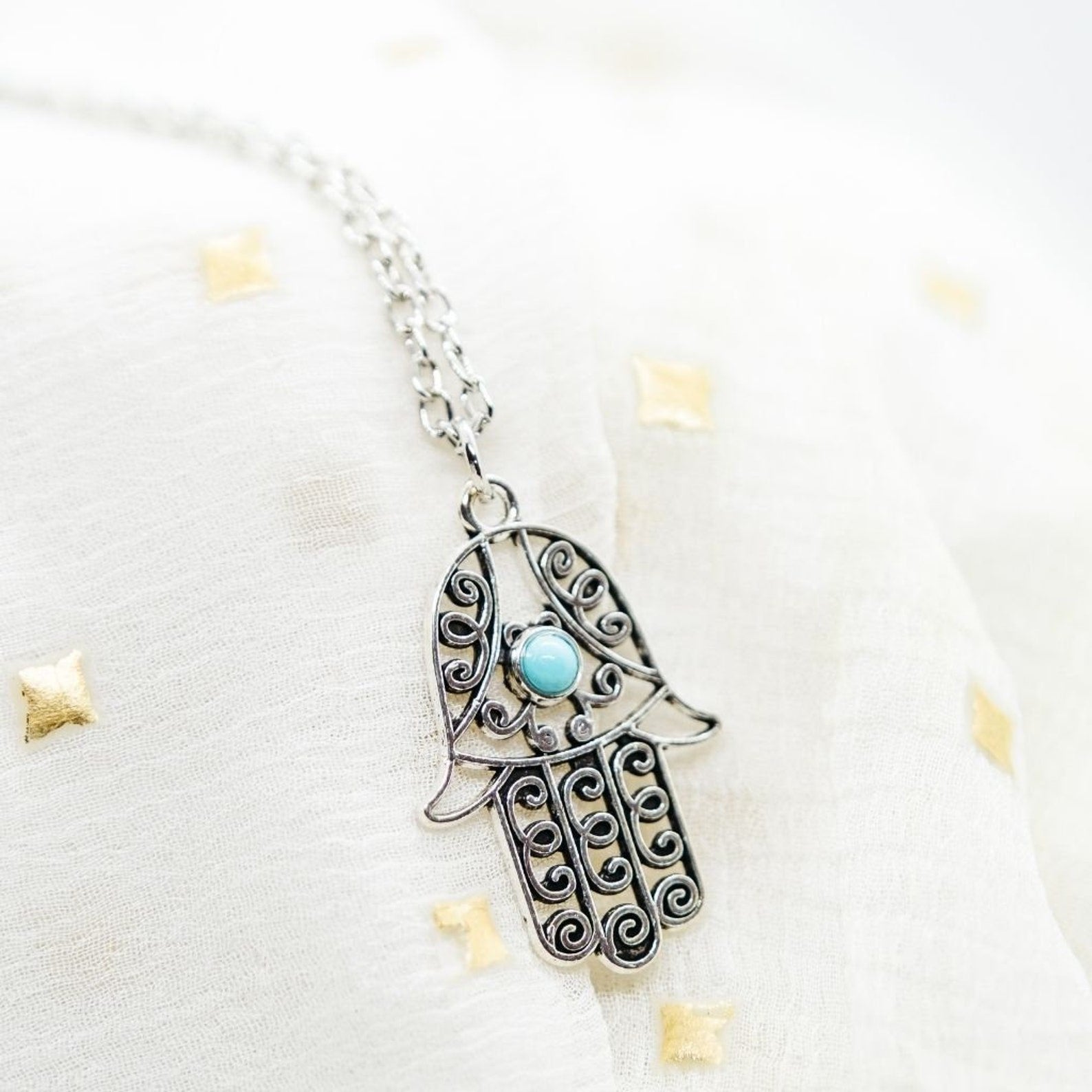 Hamsa Hand Gold and Silver Hand of Fatima Dainty Pendant Necklace (Close-up Detail) | The Colourful Aura