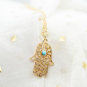 Hamsa Hand Gold and Silver Hand of Fatima Dainty Pendant Necklace (Close-up Detail) | The Colourful Aura