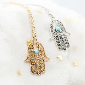 Hamsa Hand Gold and Silver Hand of Fatima Dainty Pendant Necklace — Boho Jewellery UK | The Colourful Aura