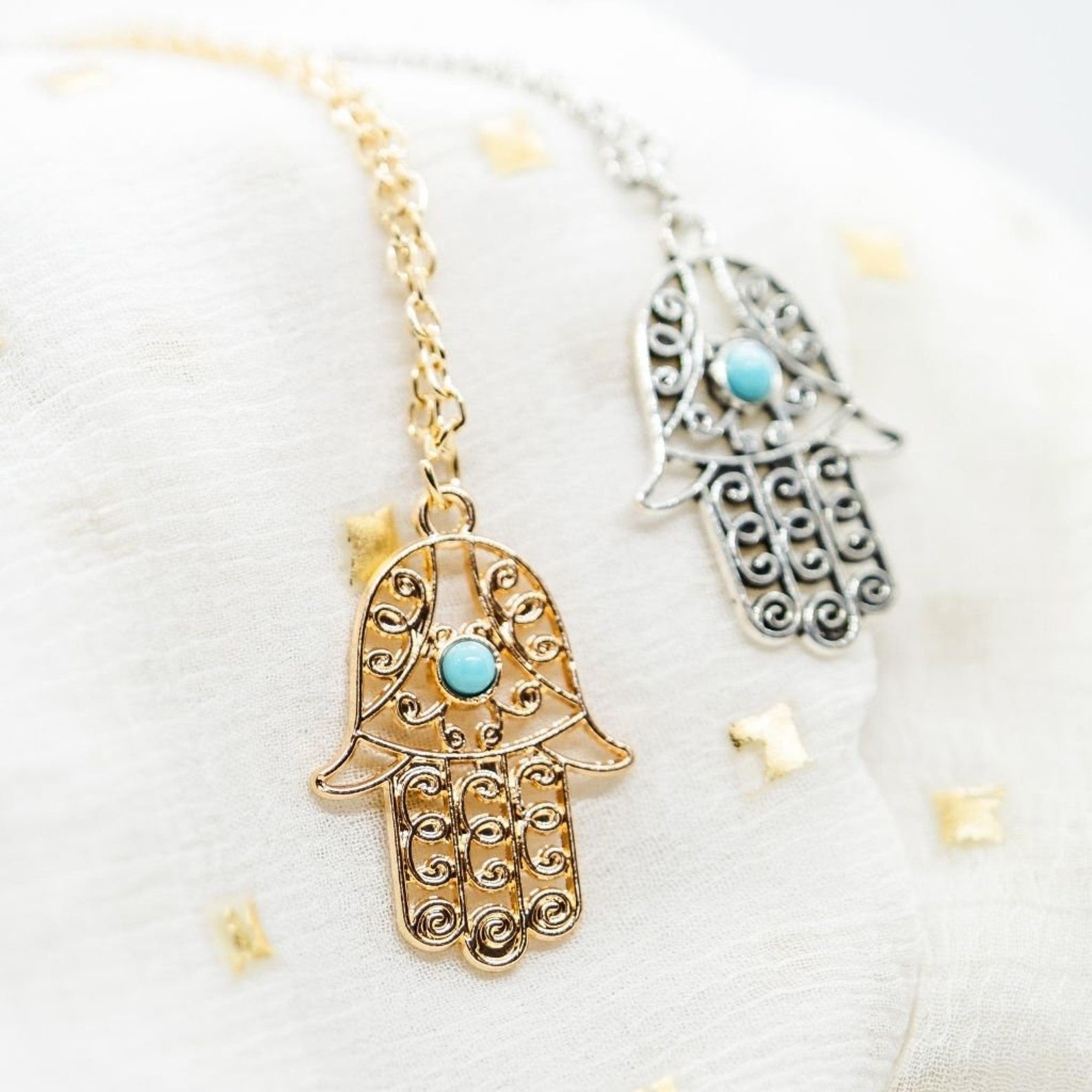 Hamsa Hand Gold and Silver Hand of Fatima Dainty Pendant Necklace — Boho Jewellery UK | The Colourful Aura