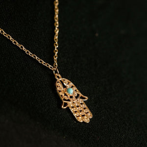 Hamsa Hand Gold and Silver Hand of Fatima Dainty Pendant Necklace (Close-up Detail) | The Colourful Aura