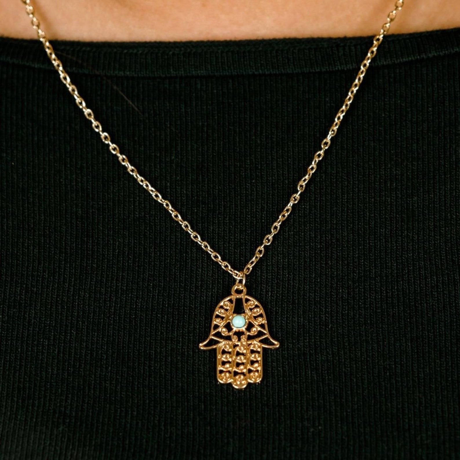 Hamsa Hand Gold and Silver Hand of Fatima Dainty Pendant Necklace (Close-up Detail) | The Colourful Aura