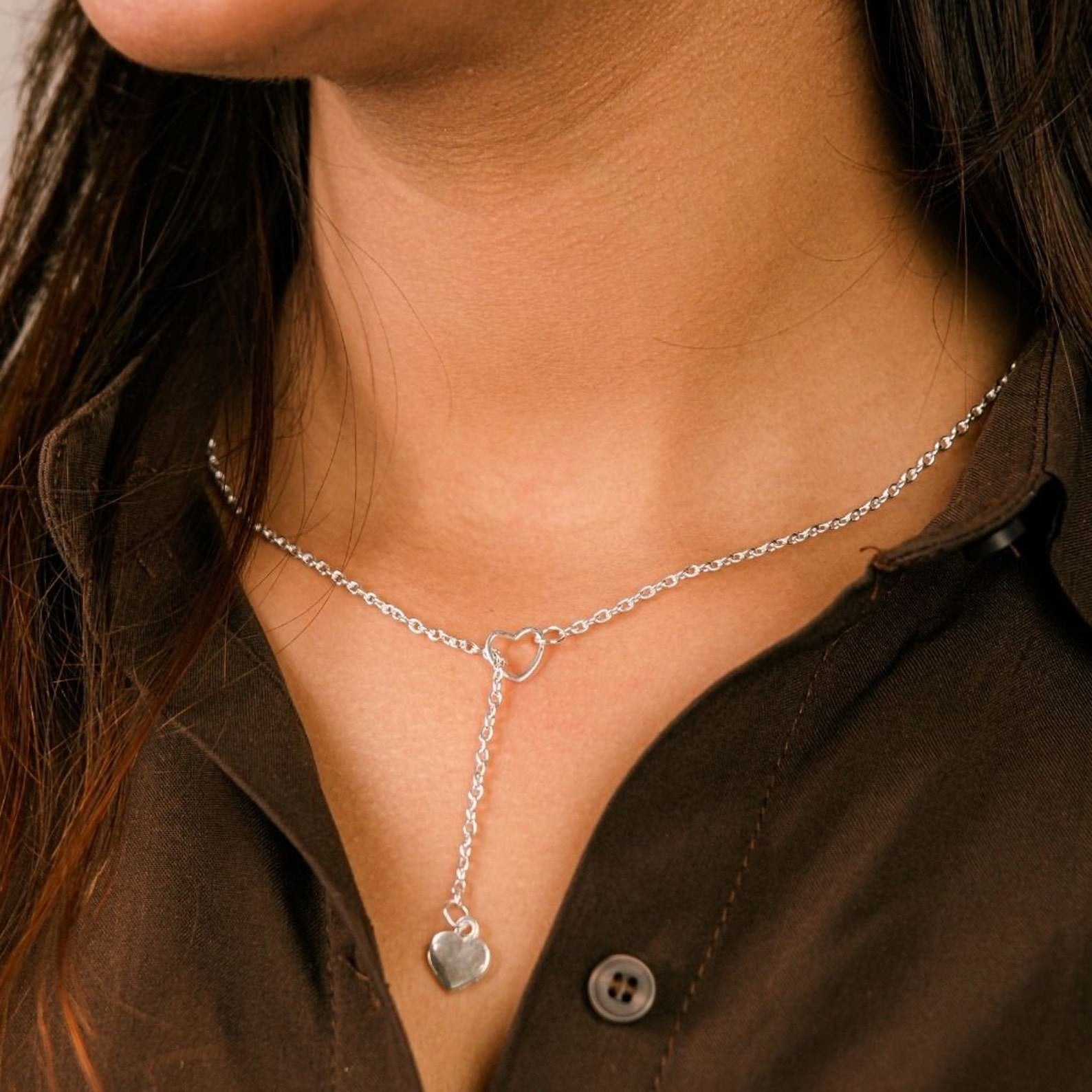 Silver Two Heart Charm Cross Solid Heart Drop Interlock Y Shape Lariat Necklace (Close-up Detail) | The Colourful Aura