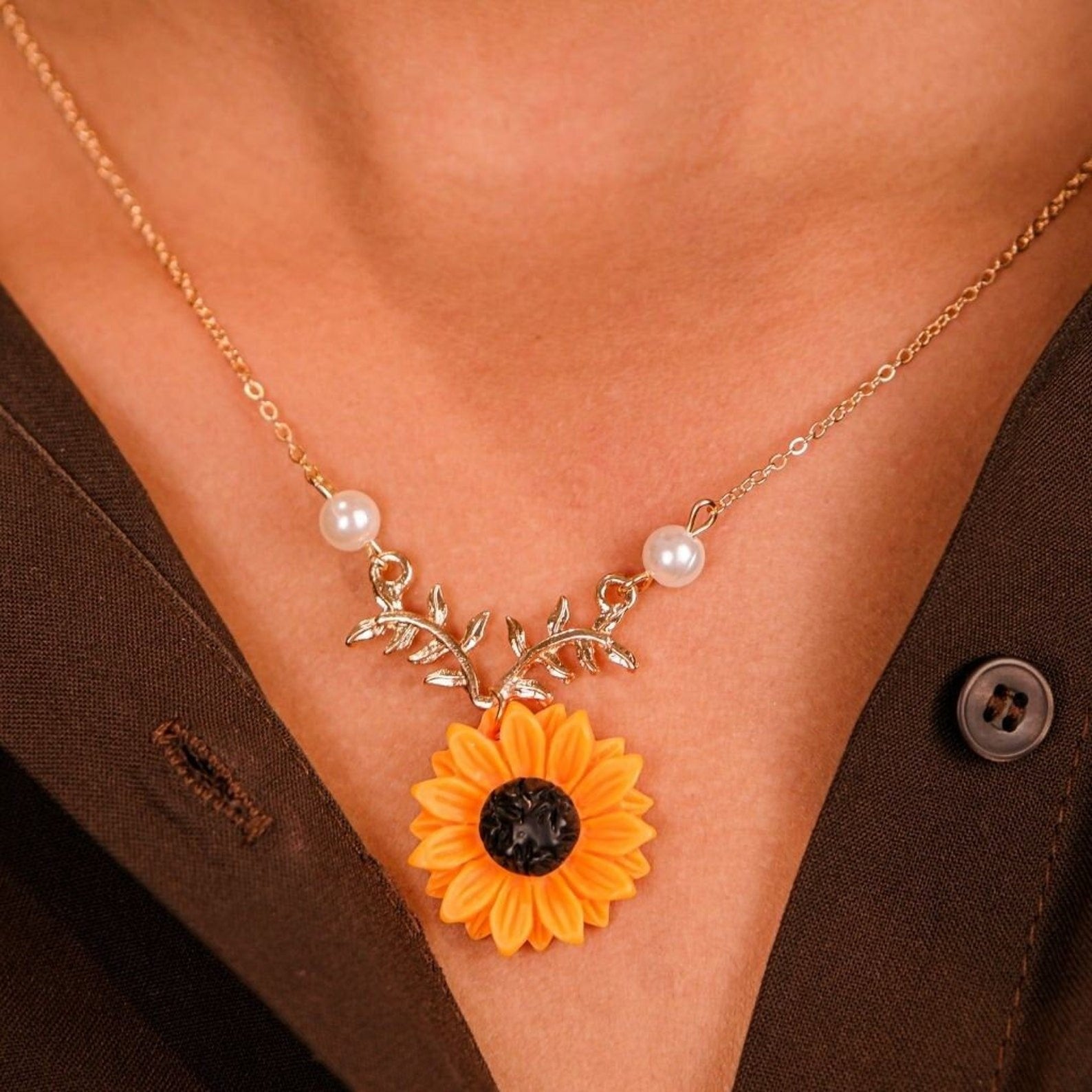 Sunflower Charm Pearl Daisy Flower Summer Beach Pendant Necklace