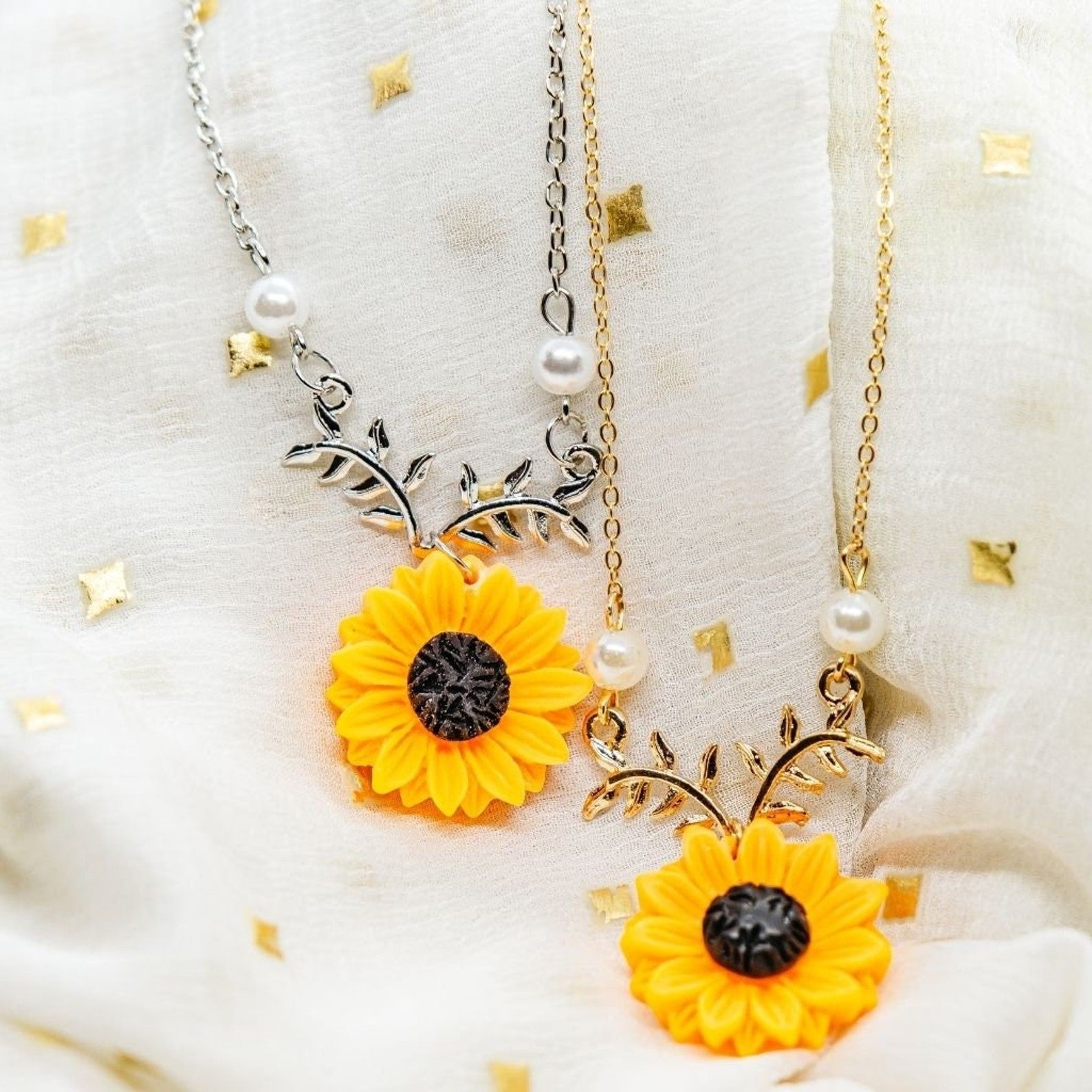 Large Sunflower Daisy Floral Charm Summer Flower Pearl Pendant Necklace