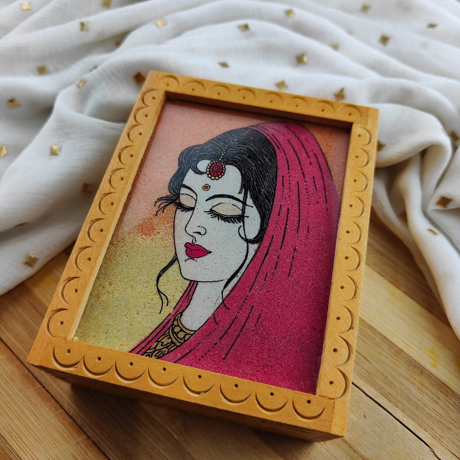 Handmade Wooden Lady Portrait Vintage Wood Carving Indian Trinket Jewellery Box