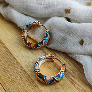 Diamond Large Enamel Huggie Multicolour Rainbow Dainty Floral Hoop Earrings (Close-up Detail) | The Colourful Aura