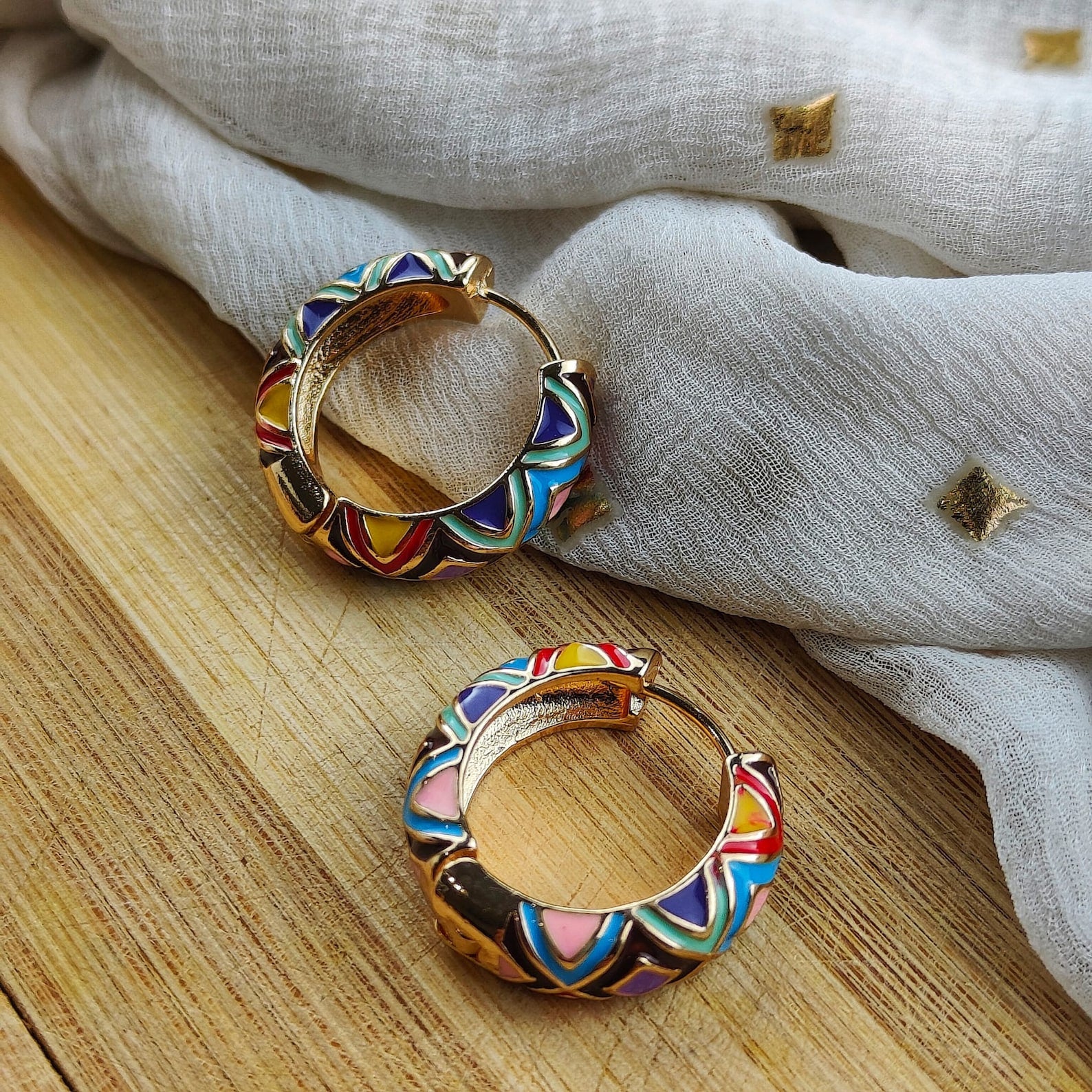 Diamond Large Enamel Huggie Multicolour Rainbow Dainty Floral Hoop Earrings (Close-up Detail) | The Colourful Aura