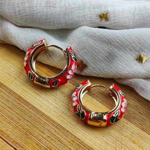 Red Large Enamel Huggie Multicolour Rainbow Dainty Floral Hoop Earrings (Close-up Detail) | The Colourful Aura