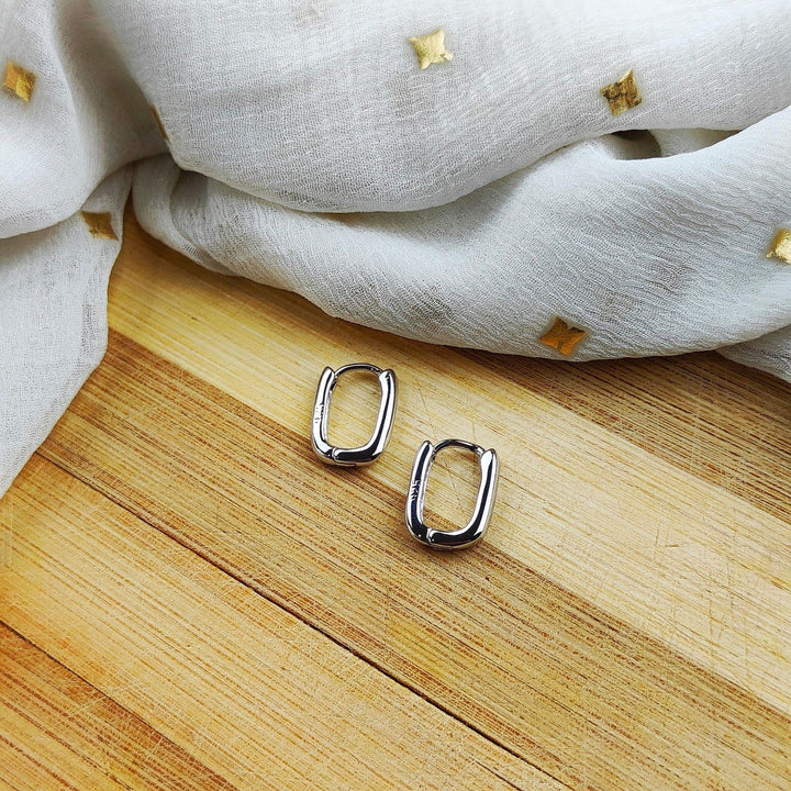 Sterling Silver U Shape Geometric Minimalist Square Huggies Hoop Earrings (Close-up Detail) | The Colourful Aura