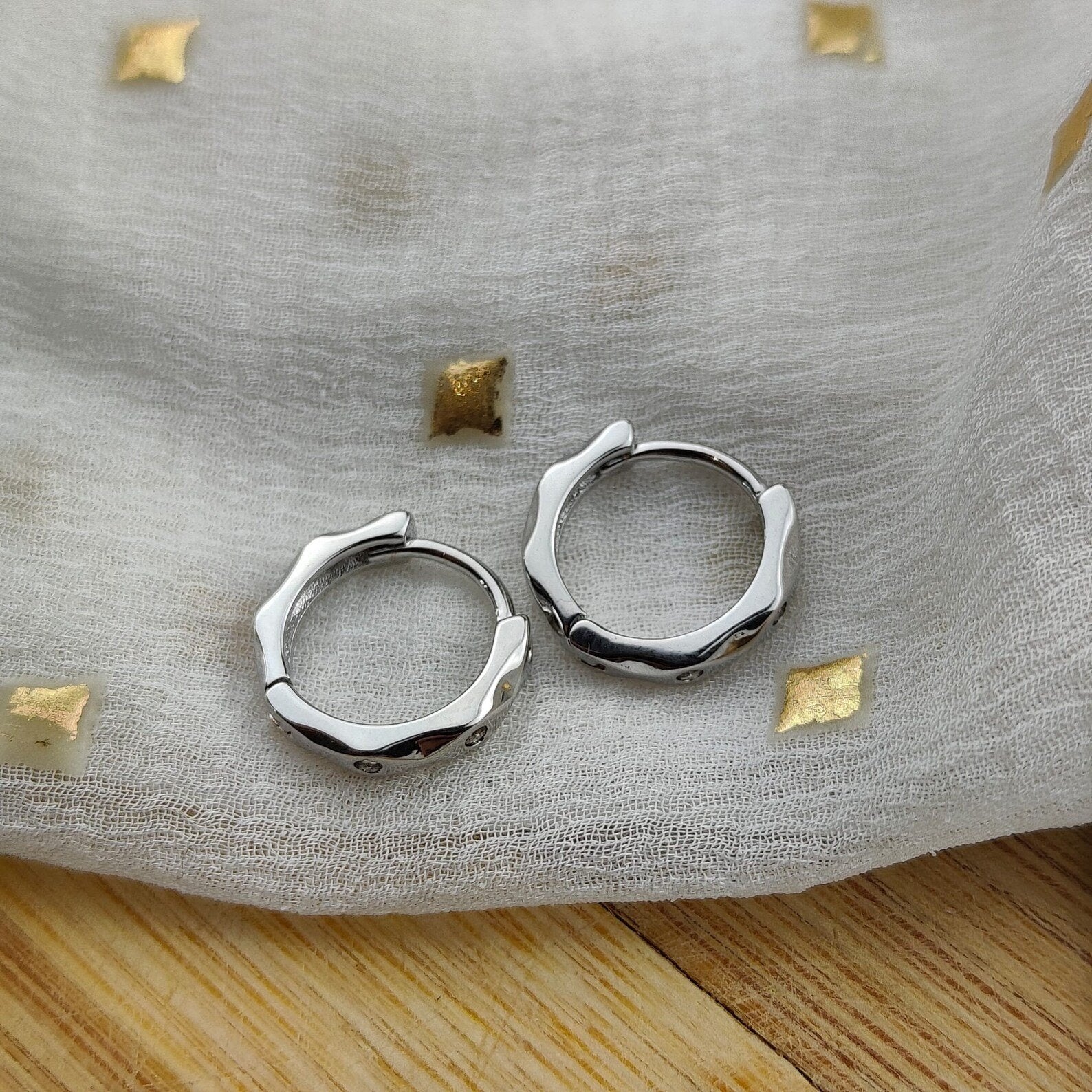 Sterling Silver Hexagon Geometric Angle Zircon Slim Huggie Dainty Hoop earrings