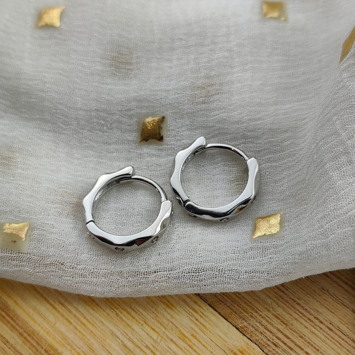 Sterling Silver Hexagon Geometric Angle Zircon Slim Huggie Dainty Hoop earrings (Close-up Detail) | The Colourful Aura
