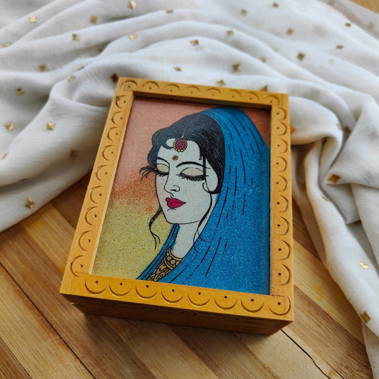 Handmade Wooden Lady Portrait Vintage Wood Carving Indian Trinket Jewellery Box