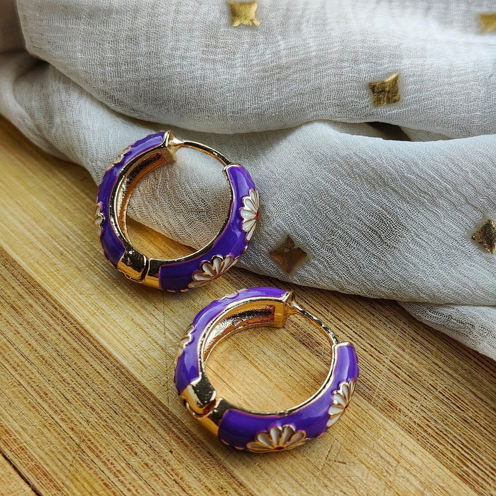 Gold Plated Large Purple Floral Multicolour Dainty Enamel Huggie Hoop Earrings