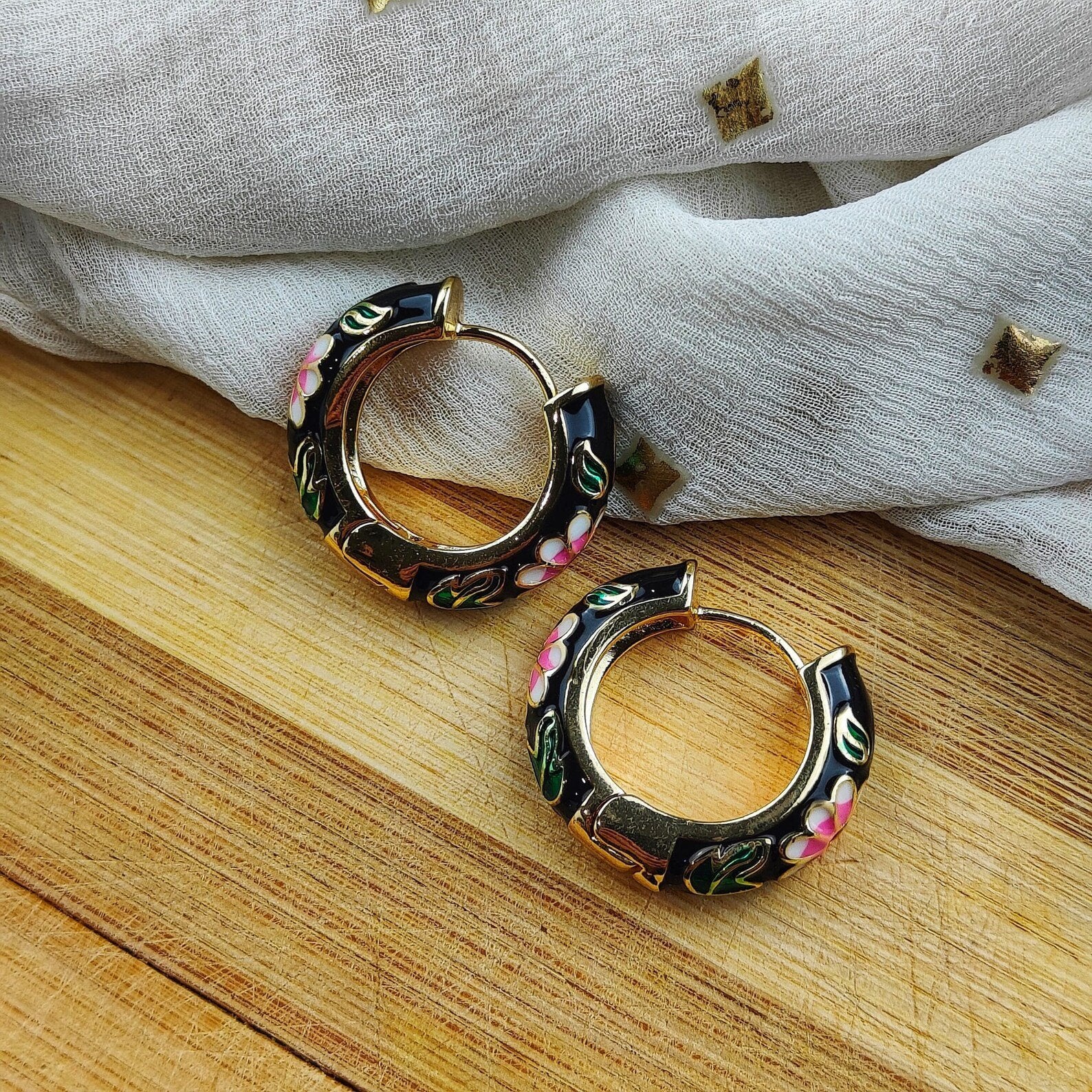 Black Large Enamel Huggie Multicolour Rainbow Dainty Floral Hoop Earrings (Close-up Detail) | The Colourful Aura