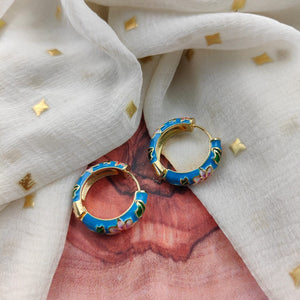 Blue Large Enamel Huggie Multicolour Rainbow Dainty Floral Hoop Earrings (Close-up Detail) | The Colourful Aura