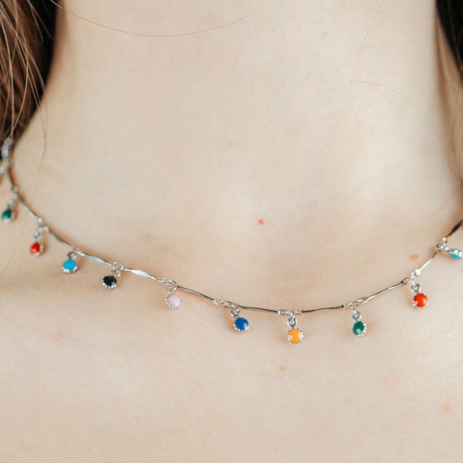 Gold and Silver Colourful Dainty Rainbow Dangly Choker Necklace