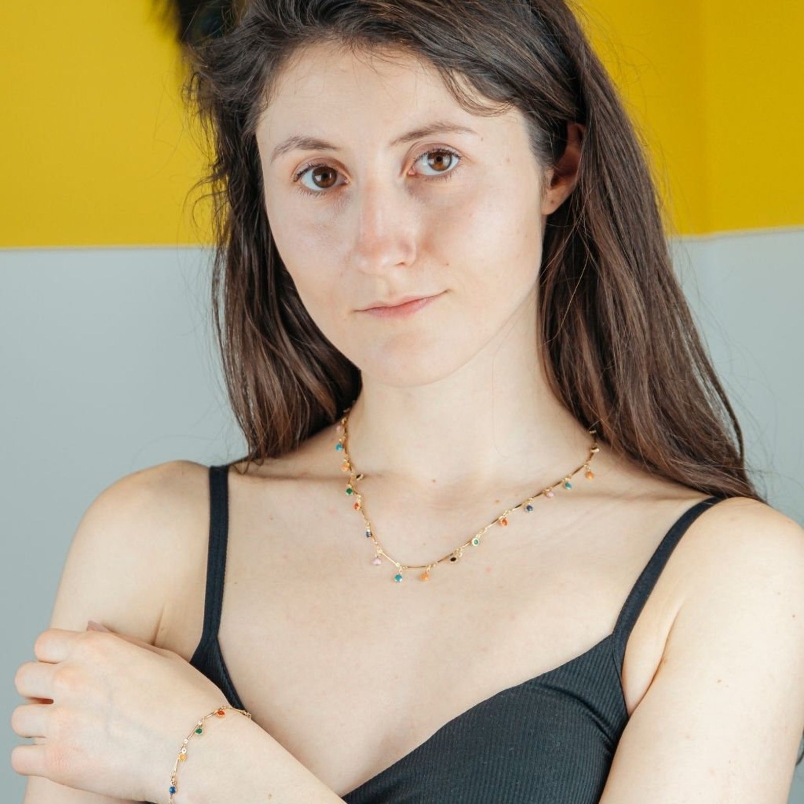Gold and Silver Colourful Dainty Rainbow Dangly Choker Necklace
