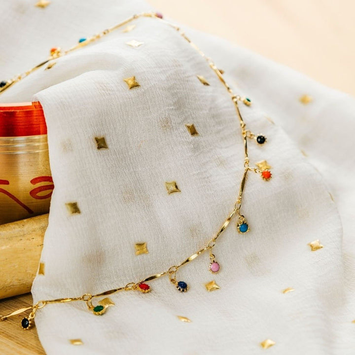 Gold and Silver Colourful Dainty Rainbow Dangly Choker Necklace (Close-up Detail) | The Colourful Aura