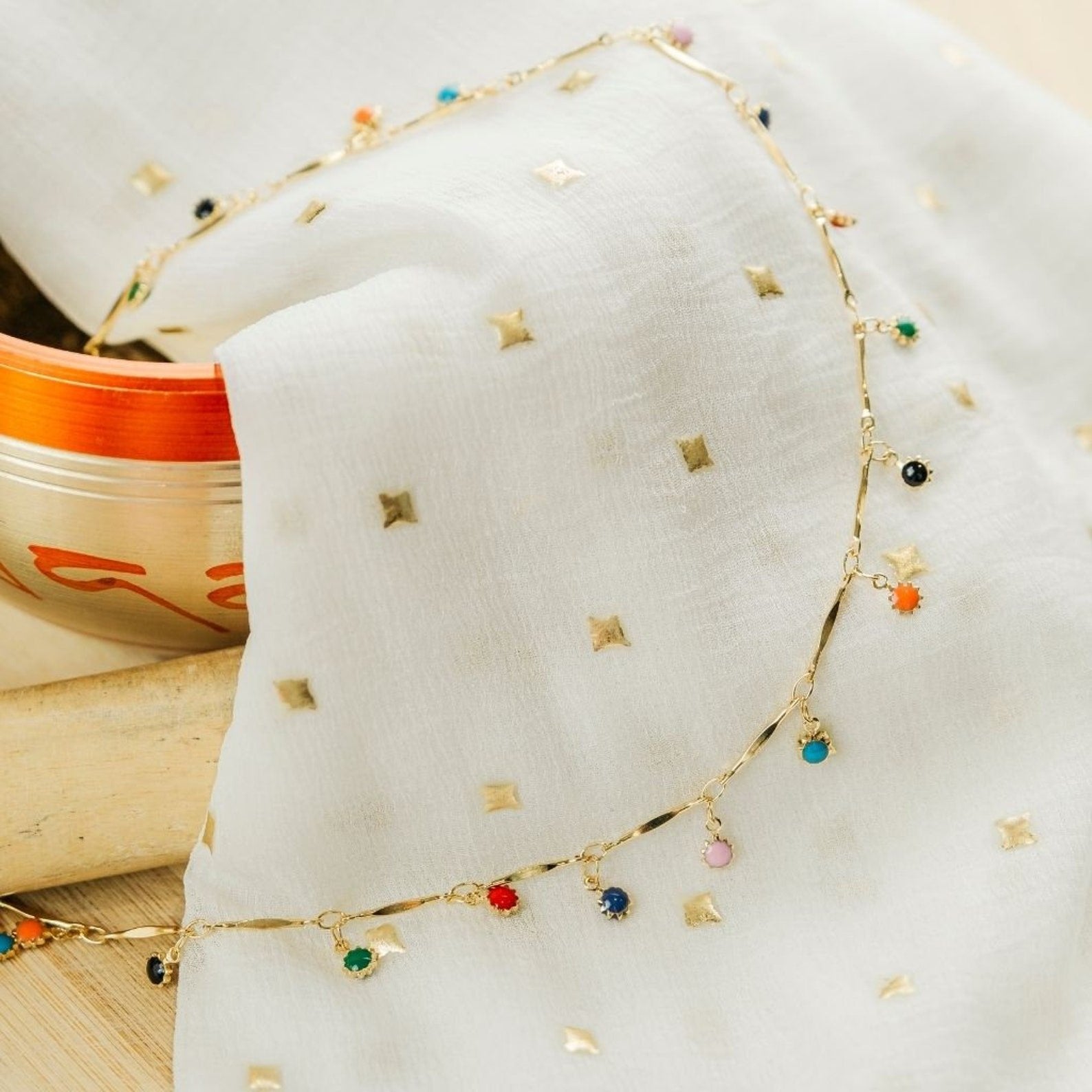 Gold and Silver Colourful Dainty Rainbow Dangly Choker Necklace