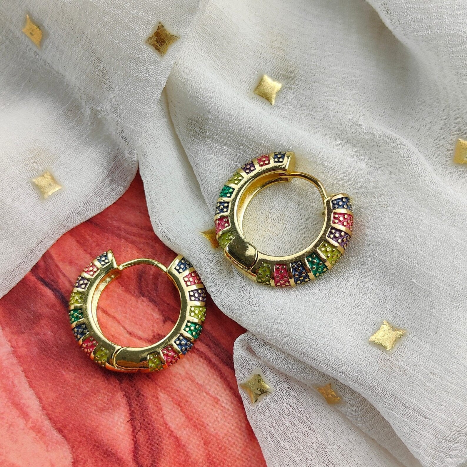 Large Enamel Huggie Multicolour Rainbow Dainty Floral Hoop Earrings (Close-up Detail) | The Colourful Aura