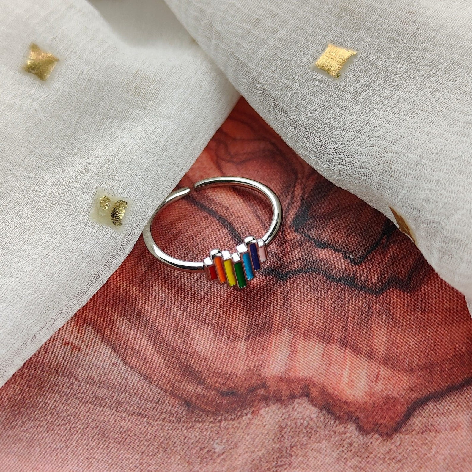 Slim Rainbow Colourful Heart Open Adjustable Chakra Thin Ring