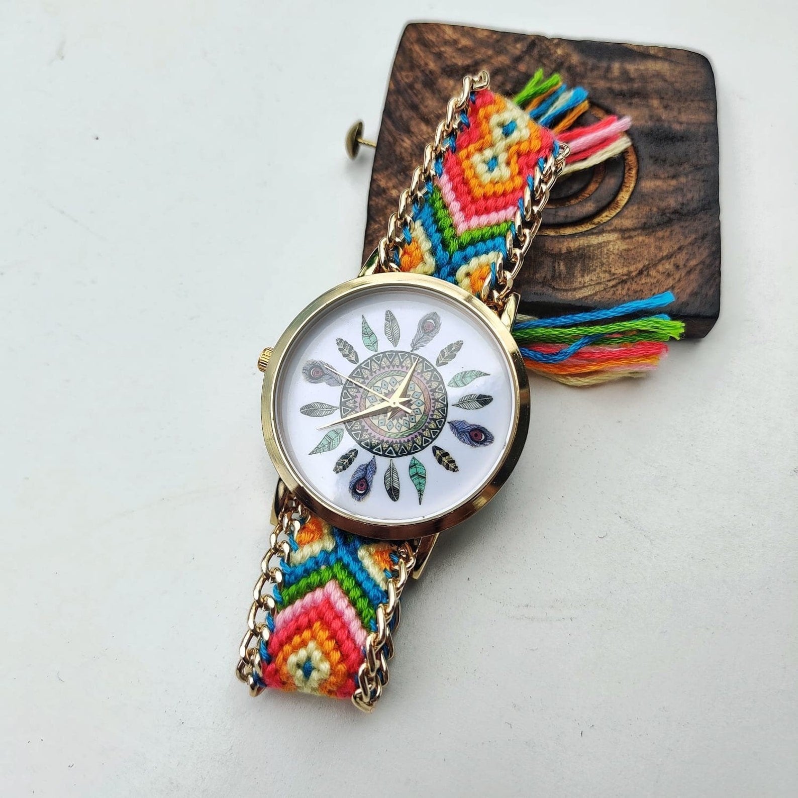 Boho Mandala Dial Jute Braided Bracelet Wrist Watch for Women