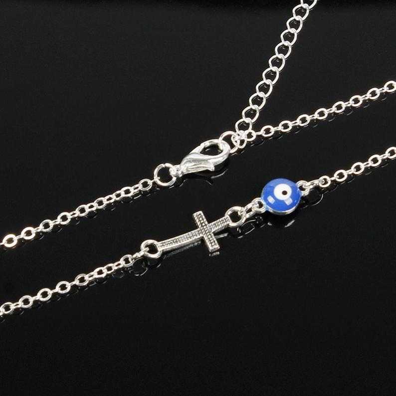 Blue Evil Eye Sideways Cross Christian Charm Minimalist Choker Dainty Necklace