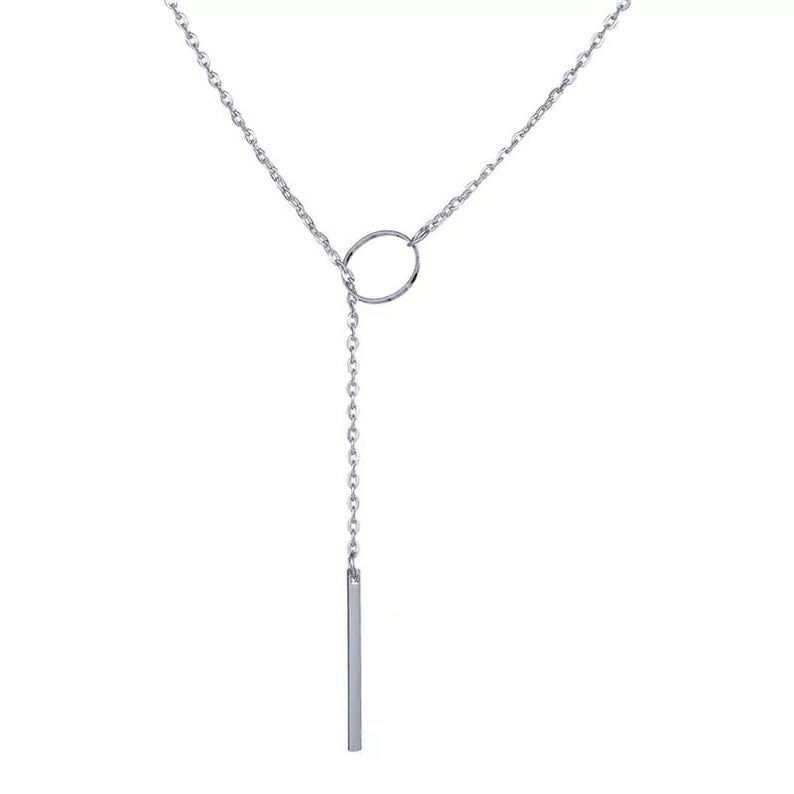 Gold Silver Single Long Slim Bar Drop Y Shape Circle Interlock Lariat Necklace