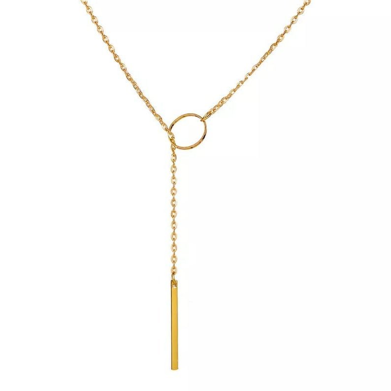 Gold Silver Single Long Slim Bar Drop Y Shape Circle Interlock Lariat Necklace