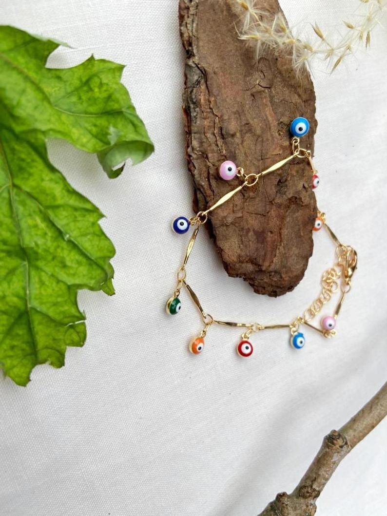 Silver Plated Dainty Evil Eye Protection Charm Beaded Dangly Adjustable Bracelet