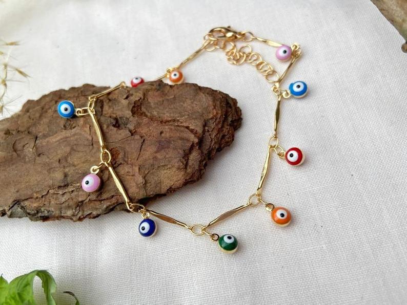 Silver Plated Dainty Evil Eye Protection Charm Beaded Dangly Adjustable Bracelet