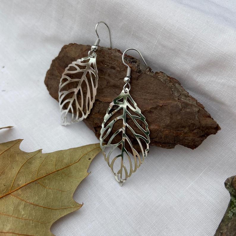 Silver Gold Large Slim Tree Nature Filigree Leaf Dangle Drop Earrings
