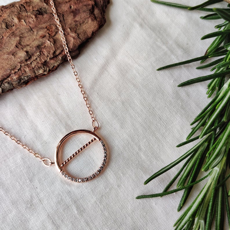 Sterling silver Hollow Disc Circle Rose Gold Zircon Circle Pendant Necklace