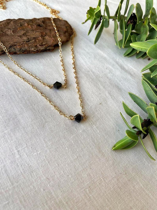 Silver and Gold Layered Black Bead Drop Choker Necklace