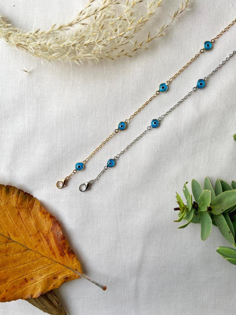 Gold and Silver Evil Eye Charm Beaded Slim Chain Adjustable Lucky Eye Bracelet (Close-up Detail) | The Colourful Aura