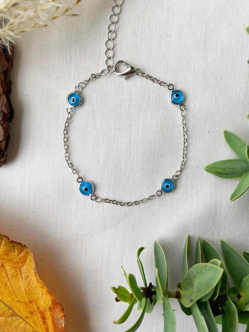 Gold and Silver Evil Eye Charm Beaded Slim Chain Adjustable Lucky Eye Bracelet (Close-up Detail) | The Colourful Aura