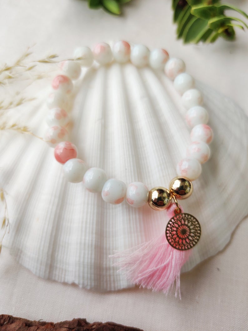 White Tender Pink Good Luck Charm Tassel Natural Boho Yoga Bracelet