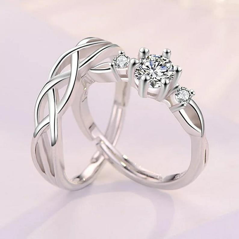 Adjustable Silver Couple Promise Braid Zircon Matching Ring set