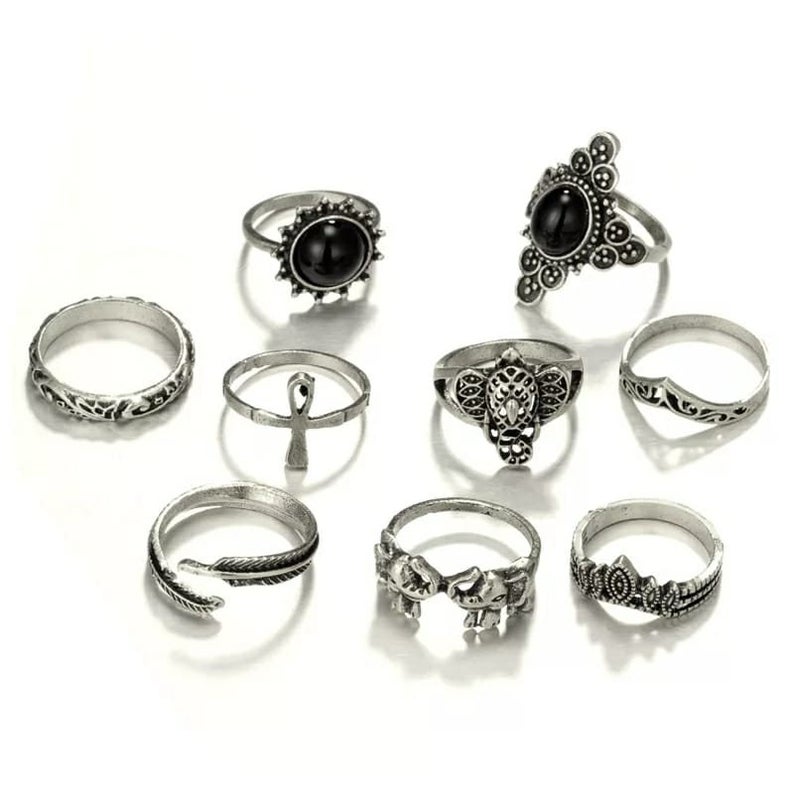 9 Piece Bohemian Stackable Beach Midi Tribal Vintage Ring Set