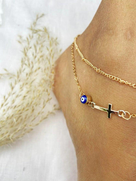 Golden Evil Eye Cross Anklet