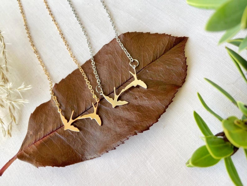 Two Bird Silver Gold Pendant Necklace, Nature Birds Charm, Simple Pendant for (Close-up Detail) | The Colourful Aura