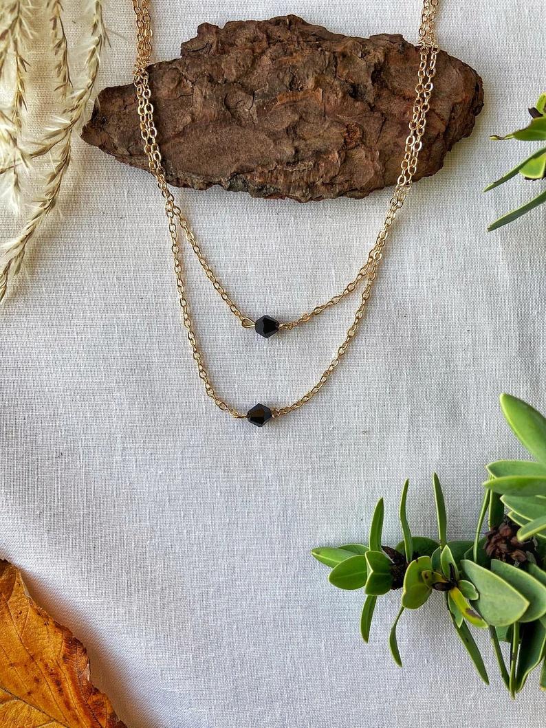 Silver and Gold Layered Black Bead Drop Choker Necklace