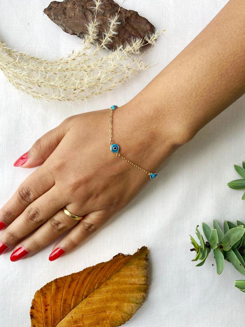 Gold and Silver Evil Eye Charm Beaded Slim Chain Adjustable Lucky Eye Bracelet (Close-up Detail) | The Colourful Aura