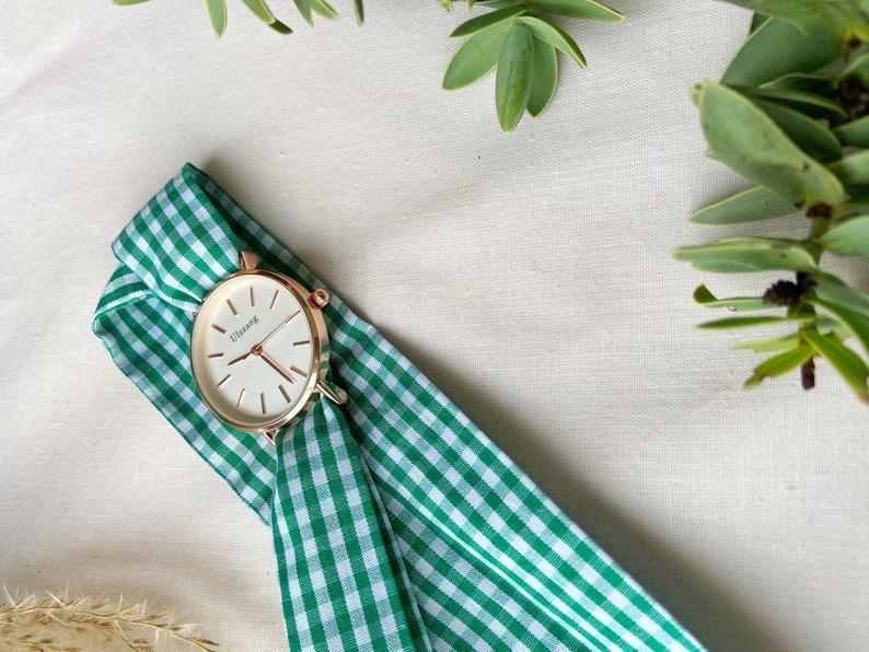 Green Plaid Cloth Changeable Cotton Tie Knot Strap Geneva Boho Wristwatch