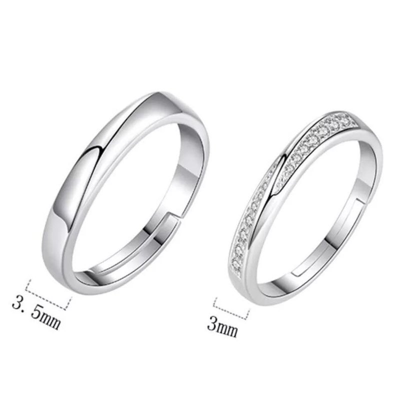 Adjustable Silver Plain Couple Promise Band Zircon Ring Set