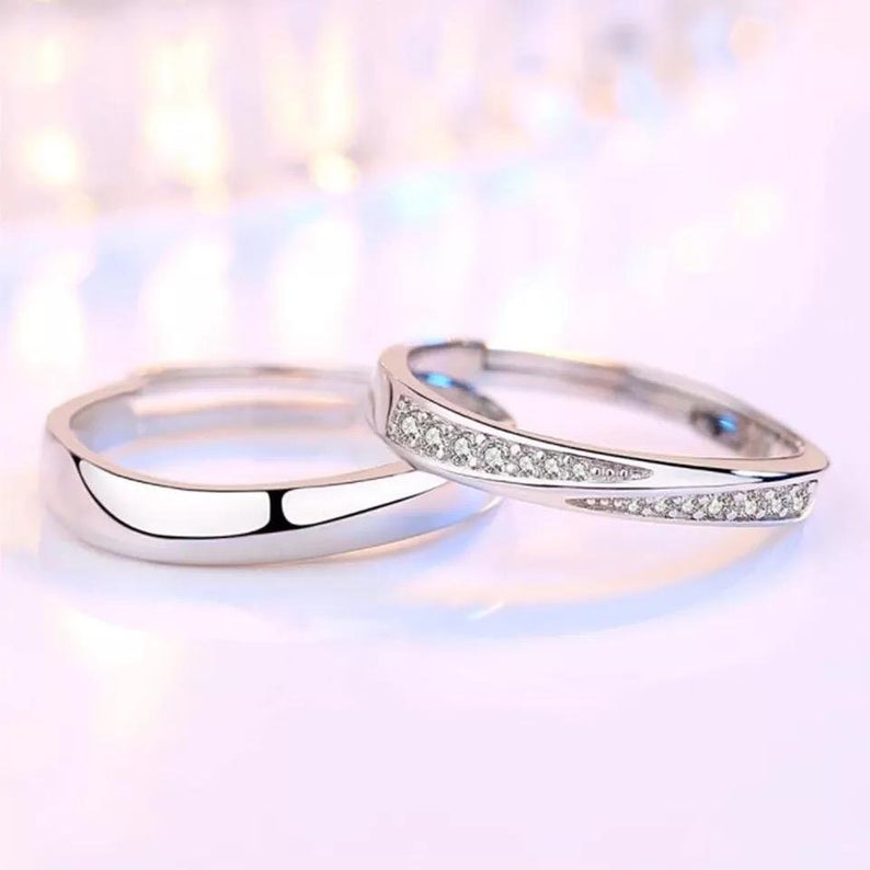 Adjustable Silver Plain Couple Promise Band Zircon Ring Set