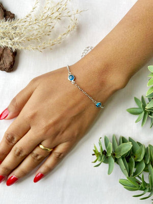 Gold and Silver Evil Eye Charm Beaded Slim Chain Adjustable Lucky Eye Bracelet (Close-up Detail) | The Colourful Aura