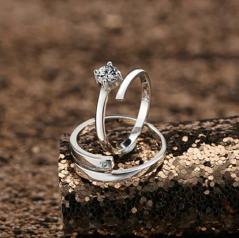 Silver Couple Parallel his & hers Zircon Promise Ring set
