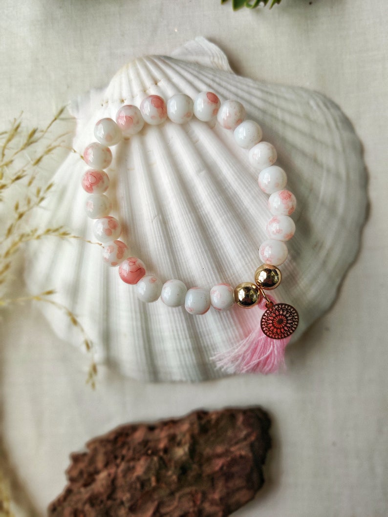 White Tender Pink Tassel Bracelet